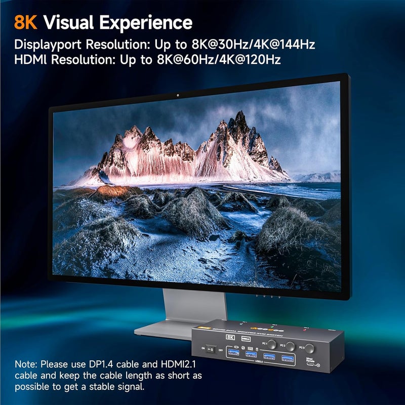 AOOCOO مفتاح KVM لشاشتين 3 حواسيب 8K@60Hz/4K144Hz، DP+HDMI مفاتيح KVM لشاشتين مع 4 منافذ USB 3.0، جهاز تحكم سلكي، كابلات USB 3.0 مشمولة (8K 3 PC 2 Monitor KVM) - Image 5